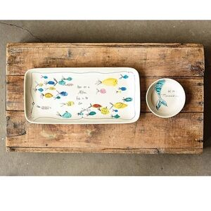 CREATIVE CO-OP NWT rectangle stoneware serving tray w/ dipping bowl -mermaid